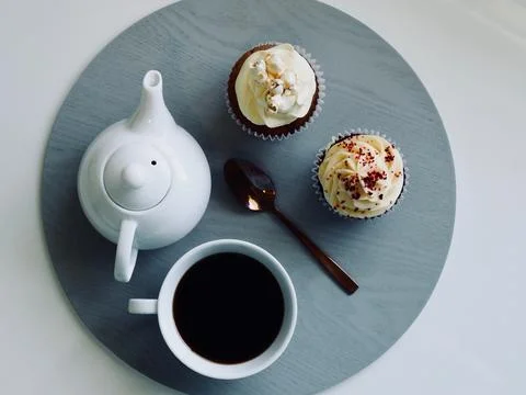 Cupcake, tea pot, coffee, black coffee, tea, spoon, food, drink, break, tray Stock Photos