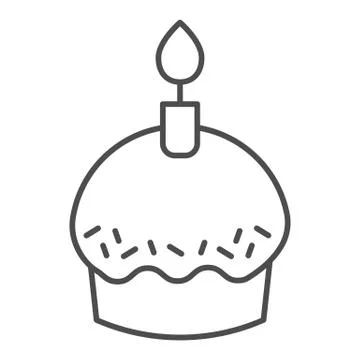 Cupcake thin line icon. Party holiday or Easter muffin with burning candle Stock Illustration