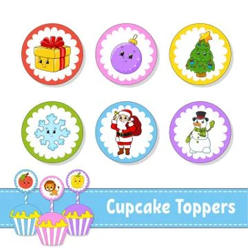 Cupcake Toppers. Set of six round pictures. Christmas theme. Cartoon characte Stock Illustration