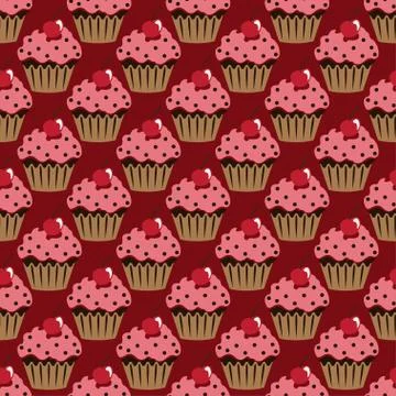 Cupcake vector pattern red background Stock Illustration