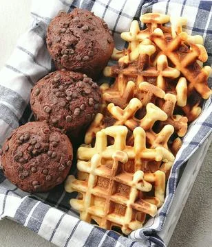 Cupcake with waffles closeup. Stock Photos