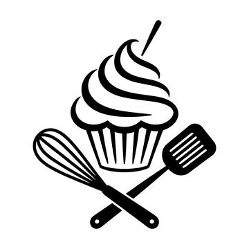 Cupcake with Whisk and Spatula Baking Icon Line Art Illustration Stock Illustration