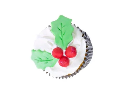 Cupcake with white icing and cherry decoration Stock Photos