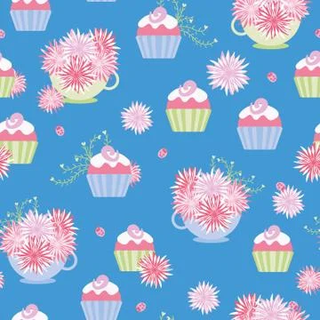 Cupcakes and teacups seamless vector pattern Illustrazione stock
