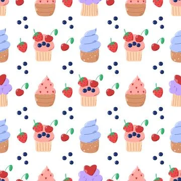 Cupcakes with berries seamless pattern Stock Illustration