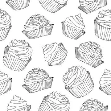 Cupcakes black line vector seamless pattern Stock Illustration