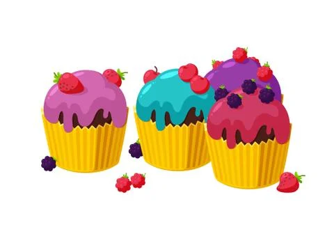 Cupcakes with cherry, raspberry, blackberry and strawberry. Birthday muffins in Stock Illustration