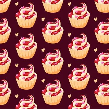 Cupcakes cute seamless pattern in cartoon style. Vector illustration background Stock Illustration
