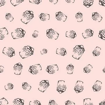 Cupcakes doodle sketch seamless pattern on pink background. Stock Illustration