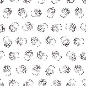 Cupcakes doodle sketch seamless pattern on pink background Stock Illustration