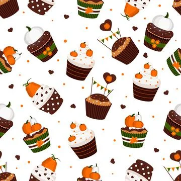 Cupcakes pumpkin vector seamless pattern on white background. Stock Illustration