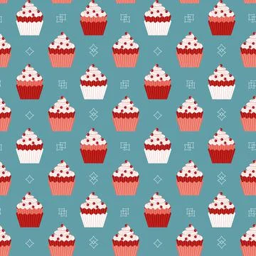 Cupcakes with red berries seamless vector pattern Stock Illustration