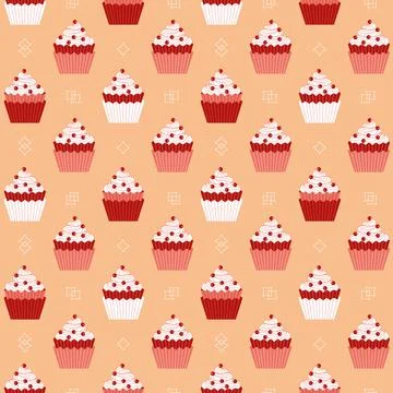 Cupcakes with red berries seamless vector pattern Stock Illustration