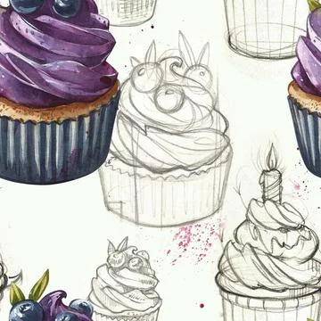 Cupcakes seamless patterns. Hand painted watercolor illustrations cupcakes Stock Illustration
