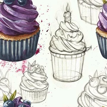 Cupcakes seamless patterns. Hand painted watercolor illustrations cupcakes Stock Illustration