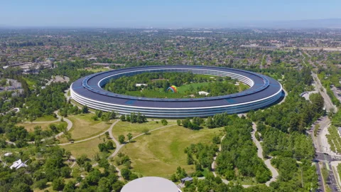 Cupertino California Aerial Pullback View of Circular Tech Campus 01 Stock Footage 335282269