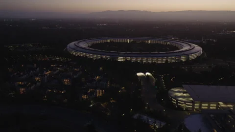Cupertino California Aerial Pullback View of Circular Tech Campus at Dawn 01 Stock Footage 335304330