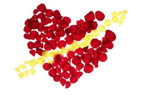 Cupid arrow in a red rose petals heart shape Stock Photos