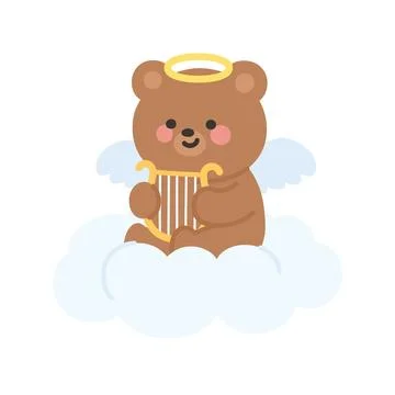 Cupid Bear Sitting on Cloud Playing Golden Lyre Stock Illustration