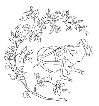 Cupid binds hearts together under rosary, b w illustration Illustrazione stock