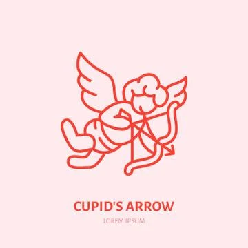 Cupid with bow and arrow flat line icon. Valentines day celebration sign Illustrazione stock