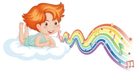 Cupid boy laying on the cloud with melody symbols on rainbow wave Illustrazione stock
