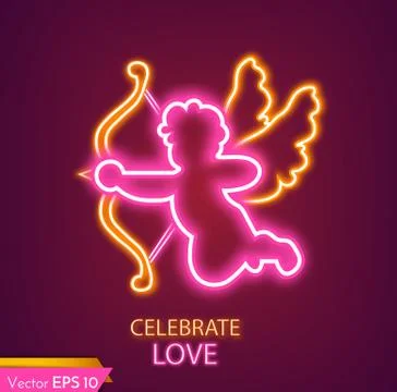 Cupid card neon light Vector realistic. Valentine day cupid lovely symbols イラスト素材