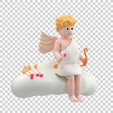 Cupid character sitting on a white cloud holding a bow and arrow, 3d render Stockillustratie