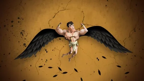 Cupid flying as his wings melt away Stock Footage 342363857