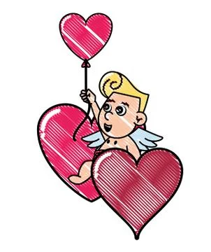 Cupid with heart shaped balloon scribble Illustrazione stock