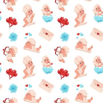 Cupid pattern. Seamless textures with Valentine angels. Cartoon children with 스톡 일러스트