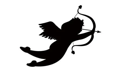 Cupid pulling bow and arrow of love black silhouette Stock Illustration