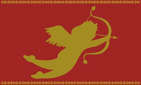 Cupid pulling bow and arrow of love red and gold silhouette Stock Illustration