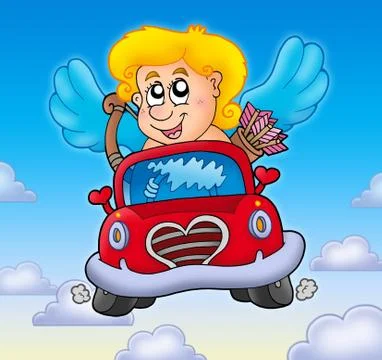 Cupid in red car on sky Stock Illustration