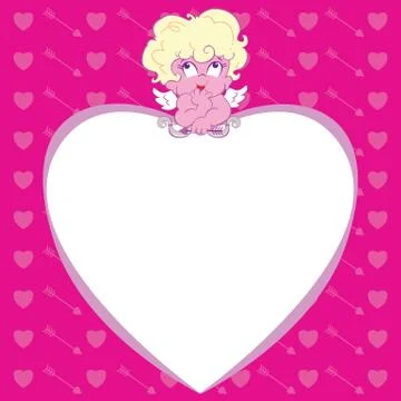 Cupid resting on heart with background 스톡 일러스트