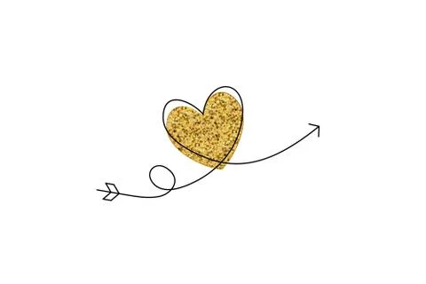 Cupid s arrow in the continuous drawing of lines in the form of a golden heart Stock-Illustration