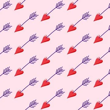 Cupids arrows seamless pattern in cartoon style. Cute arrows with hearts for Stock Illustration