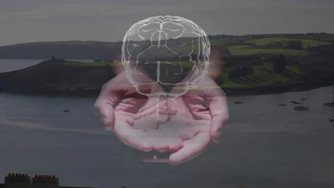 Cupped hands cradling holographic brain, floating above coastal panorama in 3D Stock-Footage 307429632