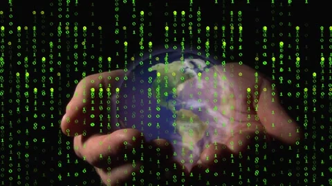 Cupped hands holding Earth globe as green binary streams starting to fall and Stock Footage 327446498