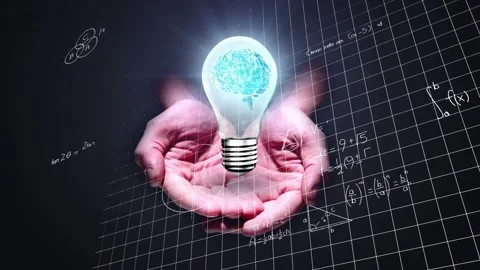 Cupped hands holding lit brain bulb, spurring chalk math wrapping around hands Stock Footage 330508657