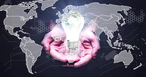 Cupping bare hands holding glowing bulb with miniature Earth over dark gridded Ilustração Stock
