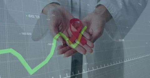 Cupping woman's hands holding red ribbon, in lab coat, showing data grid with Stock Photos