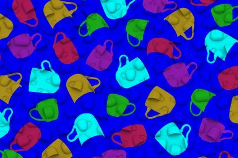 Cups with 3d effect in different colors shapes on blue. 3D illustration Stock Illustration