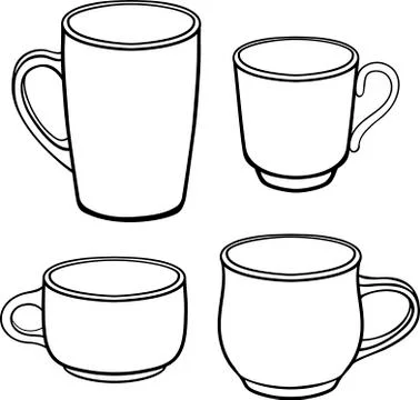 Cups and mugs for coffee of different shapes. A set of templates. Line drawing. Stock Illustration