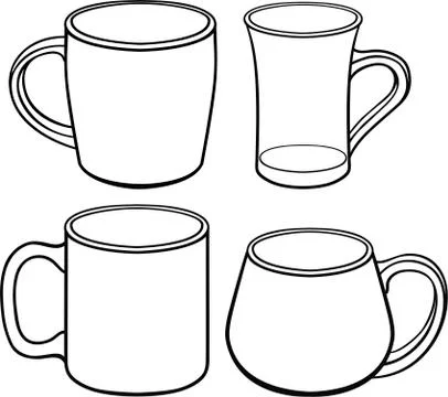 Cups and mugs for tea of different shapes. A set of templates. Line drawing. Illustration