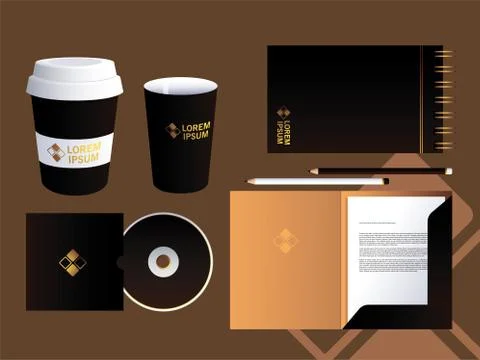Cups and note book elements of identity brand 库存插图
