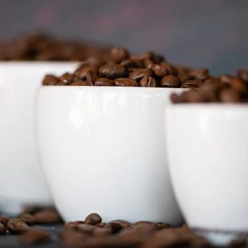 Cups are filled with roasted coffee beans. Close up shot. White cups different Stock Photos