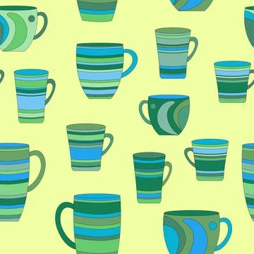 The cups are striped. Seamless pattern, shades of green, blue. Yellow backgro Illustrazione stock