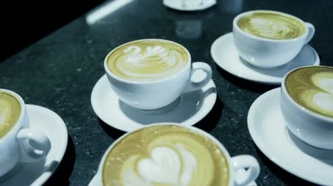 Cups with art latte Stock Footage