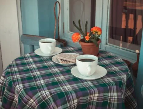 Cups of coffee on the balcony Foto stock